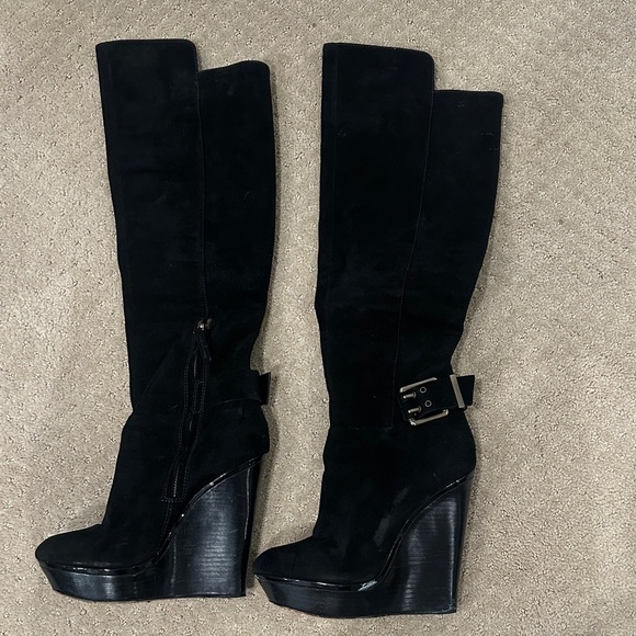 Brian Atwood Shoes - Brian Atwood Black Over the Knee Wedge Boots